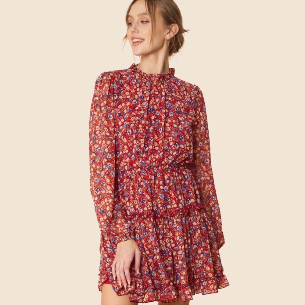 FSL Apparel Floral Print Ruffled Mock Neck Dress With Elastic Waist Band